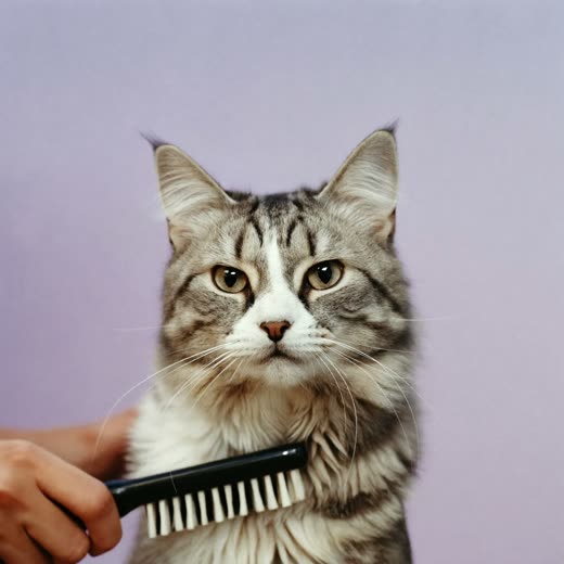 A long-haired cat being brushed